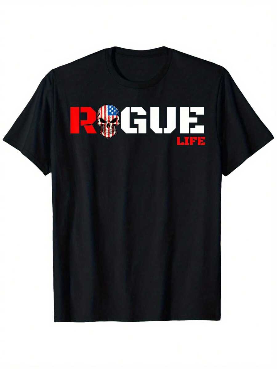 Camiseta Gráfica Patriótica ROGUE LIFE de las Fuerzas Armadas de EE. UU. - Diseño de Bandera Americana y Militar, 100% Corte Holgado, Unisex, para Gimnasio y Uso Casual - Negro - Ver 1