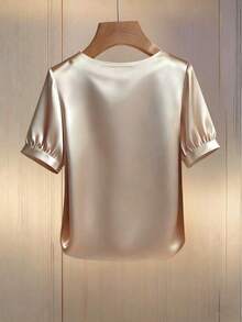 Camiseta de punto con cuello redondo y cuentas, estilo sencillo para mujer - Albaricoque - Ver 2