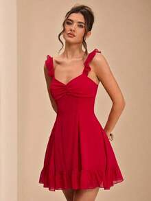 Vestido mini rojo con espalda descubierta, tirantes con lazo y dobladillo con volantes, vestido de verano ligero y ajustado, adecuado para invitada de boda, fiesta, cóctel, vacaciones en la playa, cumpleaños, graduación, elegante y sexy, para mú - Rojo - Ver 6
