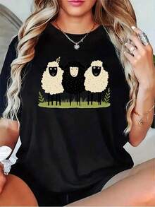 1 pieza de playera  para hombre y mujer, 100% algodón puro, cuello redondo casual con estampado, manga corta transpirable para uso diario, dise?o de estampado nocturno de tres cabras para mujeres - Negro - Ver 1