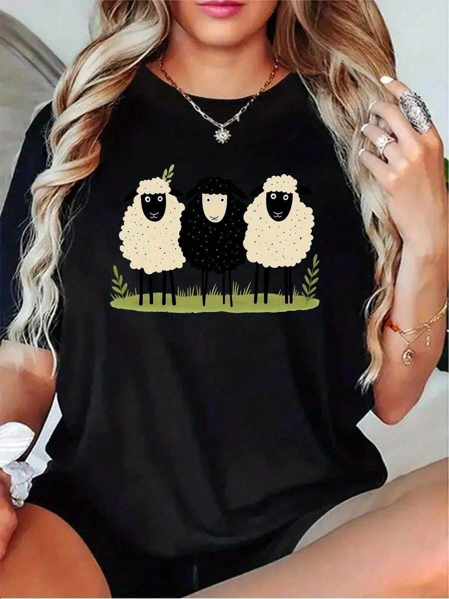 1 pieza de playera para hombre y mujer, 100% algodón puro, cuello redondo casual con estampado, manga corta transpirable para uso diario, dise?o de estampado nocturno de tres cabras para mujeres - Negro - Ver 1