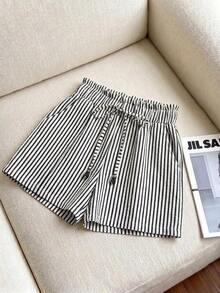 Pantalones cortos casuales sueltos con cintura de corbata a rayas para mujer - Blanco y Negro - Ver 5