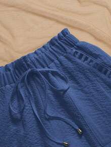 Pantalones cortos casuales sueltos con cintura de corbata a rayas para mujer - Azul lavado oscuro - Ver 5