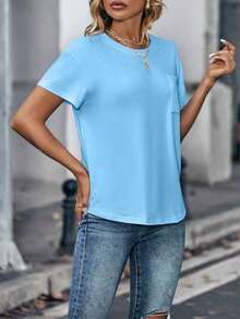 Camiseta de cuello redondo de manga corta de unicolor para mujer de moda - Azul - Ver 3