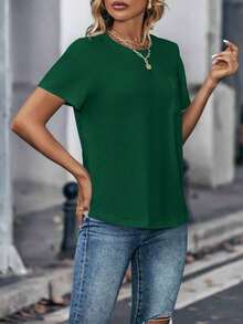 Camiseta de cuello redondo de manga corta de unicolor para mujer de moda - Verde Oscuro - Ver 3