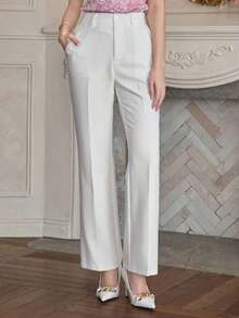 Pantalones rectos de unicolor de estilo casual y de negocios, pantalones de vestir de tiro bajo para mujer - Blanco - Ver 4