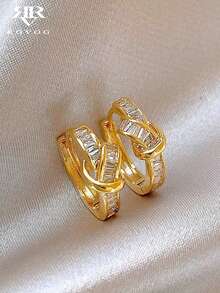 1 par de elegantes pendientes de aro de cobre con nudo geométrico envuelto y circonita cúbica, adecuados para el uso diario casual de la mujer - Amarillo Oro - Ver 2