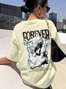 Suave Camiseta de manga corta estilo casual Y2K para mujer, con estampado de letras y diseño de niña ángel, 200g de algodón puro,  mujer, blusa para mujer, ropa deportiva de mujer - Albaricoque - Ver 7