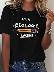 Doy clases de biología y uso una camiseta cómoda de color sólido para mujer. - Negro - Ver 7