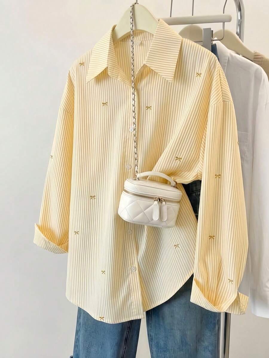 Women's Striped Color Block Shirt, Button Front, Casual Wear, Effortless Style Yellow - Yellow - View 1