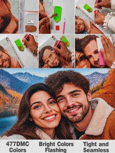 Custom Diamond Painting Portrait, Kissed Couple Photo Custom 5D Diamond Painting, Personalized Diamond Embroidery Art, DIY Pet Portrait Gift For Friends Wall Decor Mother's Day Present,Graphic Print,Warm Ambience