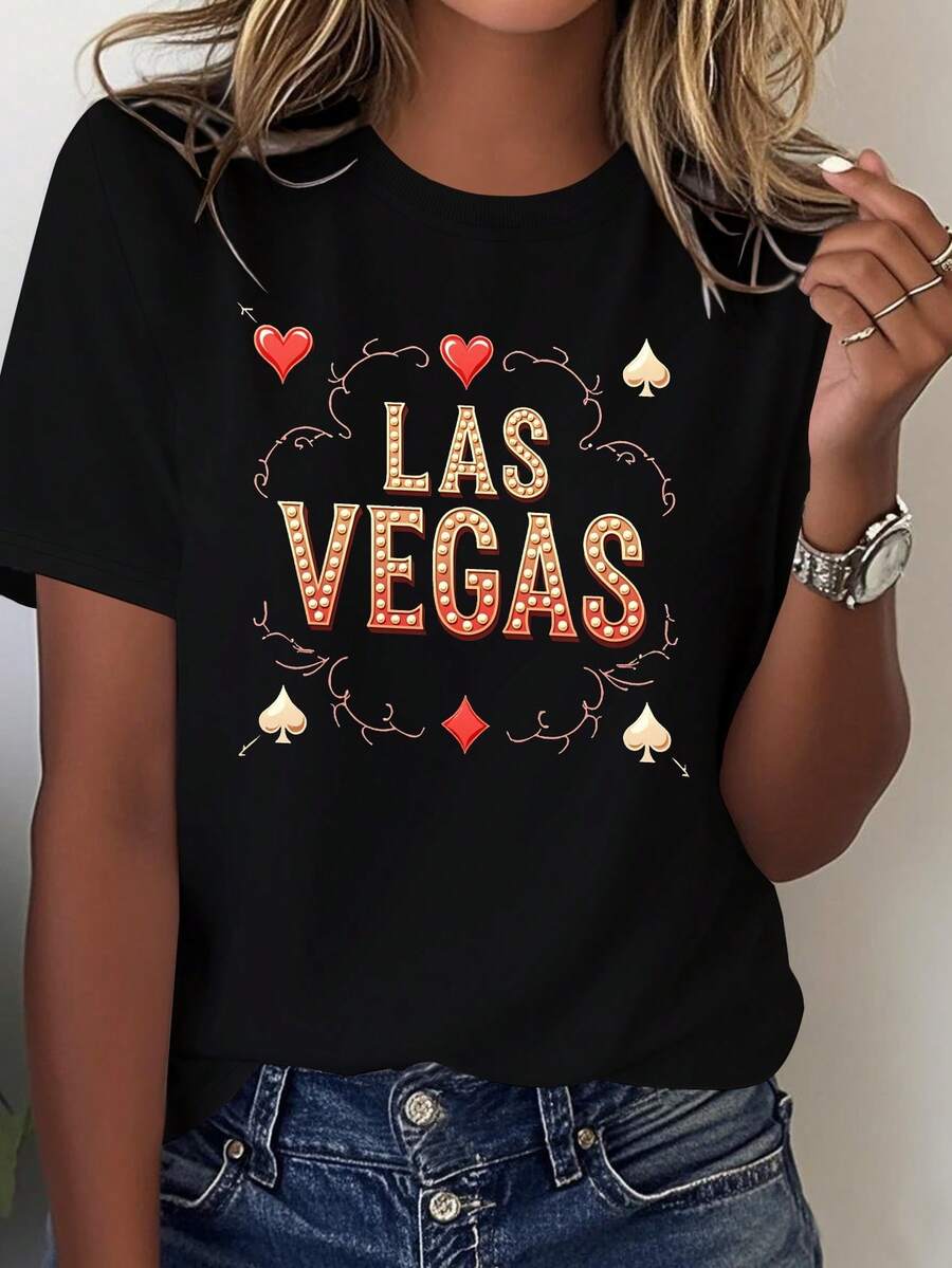 Women's Solid Color T-Shirt, Printed With Las Vegas Poker Symbol (Pawns, Spades, Hearts) - Casual Fit For Poker Night, Machine Washable - Casual Blouse For Women. - 黑色 - 查看 1