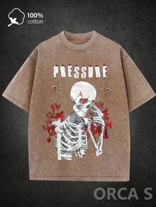 Unisex Urban-Style T-Shirt With A Skull Print And Distressed Effect, 100% Cotton, 220 Grams, Suitable For Concerts, Outdoor Activities, Vacations, Gifts, Outdoor Sports, And Other Occasions. EWCQ - 灰色 - 查看 1