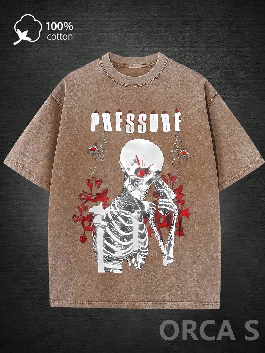Unisex Urban-Style T-Shirt With A Skull Print And Distressed Effect, 100% Cotton, 220 Grams, Suitable For Concerts, Outdoor Activities, Vacations, Gifts, Outdoor Sports, And Other Occasions. EWCQ - 灰色 - 查看 1