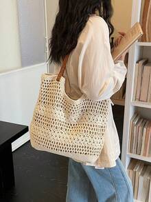 Dedoo Women's Handmade Woven Grandma Plaid Patchwork Large Capacity Tote Bag - Beige - View 9