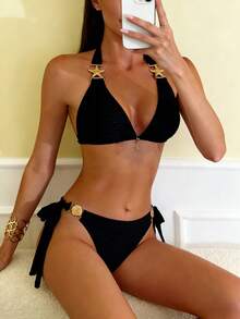 Traje de baño bikini de color sólido para mujer, sexy, ajustado, de dos piezas con cordones, ideal para vacaciones en la playa. - Blanco - Ver 9