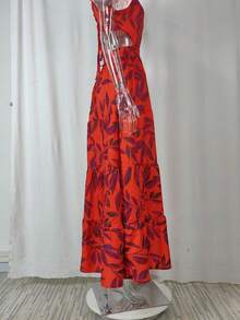 Vestido de noche estampado con mangas aladas y cintura alta primavera - Rojo - Ver 5