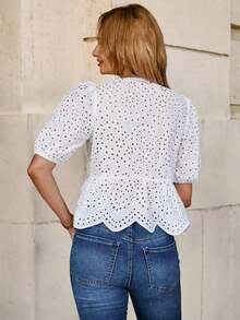 Blusa elegante con mangas abullonadas, lazo delantero y bordado, ideal para vacaciones o San Valentín - Amarillo - Ver 8