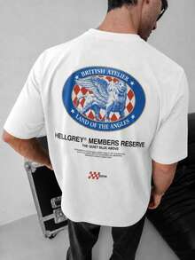 Fractyr Herren doppelseitig bedrucktes lockeres T-Shirt, "British Studio geflügelter Löwe" Muster T-Shirt, weißes Vintage gewaschenes Street Casual Top, weiches Kurzarm Rundhals Shirt, geeignet für urbanen und universitären Stil - Weiss - Übersicht 2