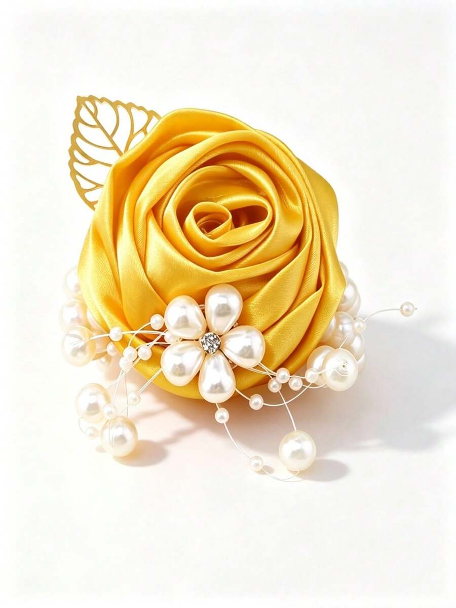 1pc Pearl, Gold Leaf & Satin Ribbon Gold Rose Wrist Corsage & Boutonniere, Suitable For Wedding, Bridal, Ceremony, Photoshoot, Party - Golden Yellow - View 1