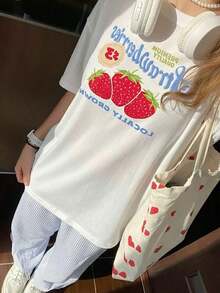 Camisetas Oversized, Camisetas Estampadas, Compra con plazo limitado, Camiseta de manga corta premium para mujer con estampado de fresas, Camiseta oversize con gráfico retro y bonito de productos locales, Top casual con cuello redondo estilo Y2K para uso diario, mercado de agricultores, salida de verano, estilo urbano. HAC1 - Blanco - Ver 7