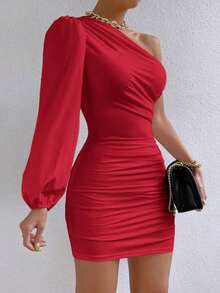 Vestido mini ajustado con mangas de farol y fruncido de unicolor para mujer - Rojo - Ver 5
