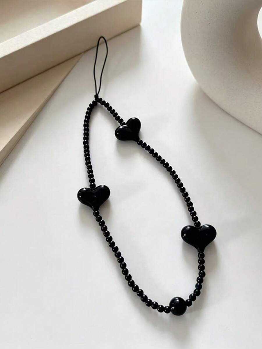 Dây đeo điện thoại hình trái tim màu đen thời trang, dây xích đính hạt tinh tế, dây đeo chống thất lạc, chống rơi, phụ kiện điện thoại unisex. - KTM4 - Xem 1