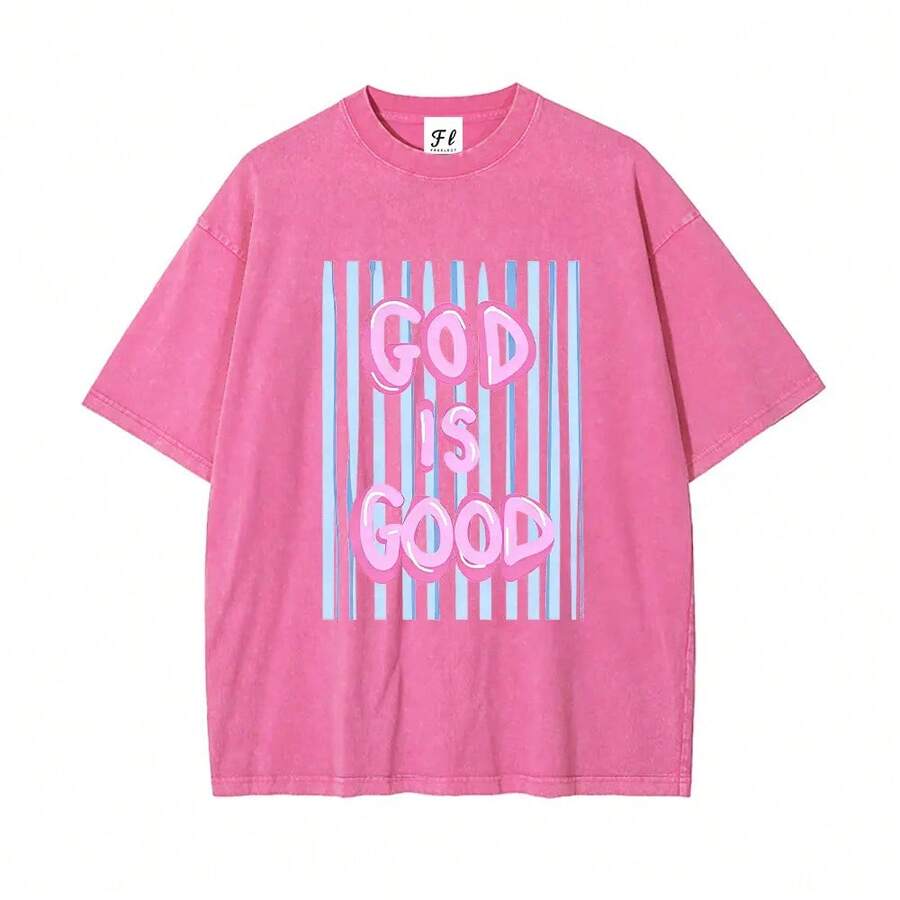 Camiseta Unisex con Estampado "God is Good", Lavada, Talla Grande, de Algodón - Rosa - Ver 1