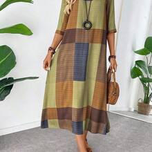 YijiaNvz  Vestido informal midi holgado con estampado de bloques de color y mangas 3/4 para mujer, atuendo maxi para mujer - Rojo - Ver 7