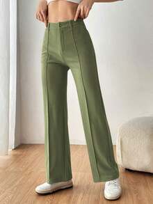 Pantalones de traje de mujer con bolsillos laterales sesgados, líneas de costura visibles para otoño/invierno - Verde militar - Ver 1