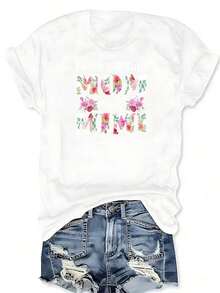 Mother's Day Gift: Floral Print T-Shirt "I Have Two Titles, Mom And Grandma", Short Sleeve, Round Neck, Casual Style For Summer And Spring, Plus Size Clothing For Women - 白色 - 查看 3