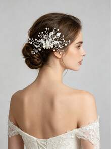 1pc Women's Elegant Handmade Alloy Leaf & Ceramic Flower Faux Pearl Hair Comb, Bridal Wedding Party Accessory - Silver - View 7
