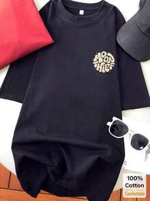 Adatto per Y2k, T-shirt a maniche corte di media lunghezza con stampa grafica divertente, top casual ed elegante per donne, nero, estivo. Top estivo. - nero - Visualizzare 2