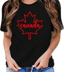 Women's Casual Cotton T-Shirt With Canadian Flag And Heart Print, Short Sleeve, Round Neck, Drop Shoulder, Cute Summer Garment With Slightly Stretchy Fabric - 黑色 3 - 查看 2