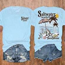 Conjuntos de Vacaciones para Mujer, Camiseta con Estampado de Conchas Marinas y Palmeras para la Playa, Camiseta Casual de Manga Corta para Mujer, Ropa de Mujer, Holgada y Cómoda, Ropa de Verano para Vacaciones de Mujer - Celeste - Ver 10