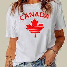New Women's Summer Casual T-Shirt, Cotton, With Canadian Flag And Heart Print, Short Sleeve, Round Neck, Drop Shoulder, Cute Summer T-Shirt With Slightly Stretchy Fabric - Vintage Urban Style, Unisex, Loose Fit, Cotton, Short Sleeve, Round Neck. - 白色 - 查看 3