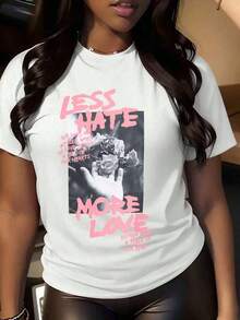 Camisetas de Talla Grande para Mujer, Camiseta con Estampado Floral Hecho a Mano 'Menos Odio, Más Amor' para Uso Diario Casual y Estilo Urbano, Camiseta de Algodón - Blanco - Ver 7