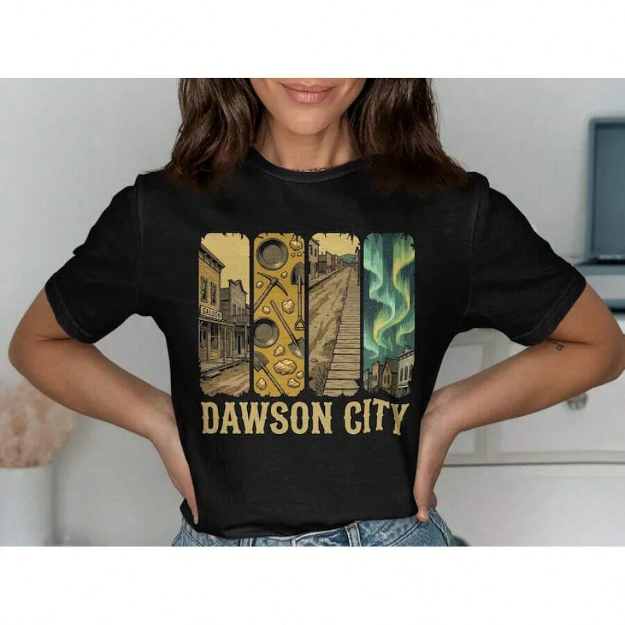 Camisetas de Dawson City, Monumento Canadiense, Ciudad de la Fiebre del Oro, Territorio del Yukón, Recuerdo de la Boreal - Negro - Ver 1