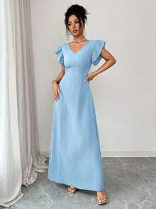 Vestido de mujer de unicolor con cuello en V, mangas cortas y cintura ceñida, de tela texturizada - Azul - Ver 4
