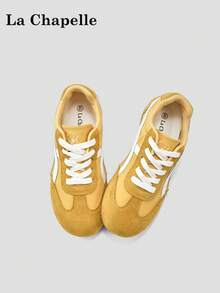 La Chapelle Women's Thick Sole Lace-Up Soft Bottom Casual Sneakers, Low-Top Flat Outdoor Commuter Shoes, Round Toe Low Heel Solid Color Elegant Soft Bottom Hiking Shoes, Suitable For Students Graduation Photo, Women's Low-Top Microfiber Sports Skateboard Shoes - Lemon Yellow - View 5