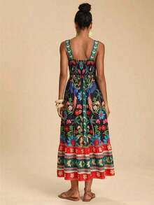 Vestido casual sin mangas con estampado floral para vacaciones - Negro - Ver 2