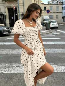 2026 Women's White Spring/Summer Dress With Puff Sleeves, Ruffled Hem And Pleats, Elegant And Versatile Bohemian Style, Suitable For Festivals, Casual Wear, Elegant Dresses, Concerts, Holidays And Summer Dresses - 灰色 - 查看 2