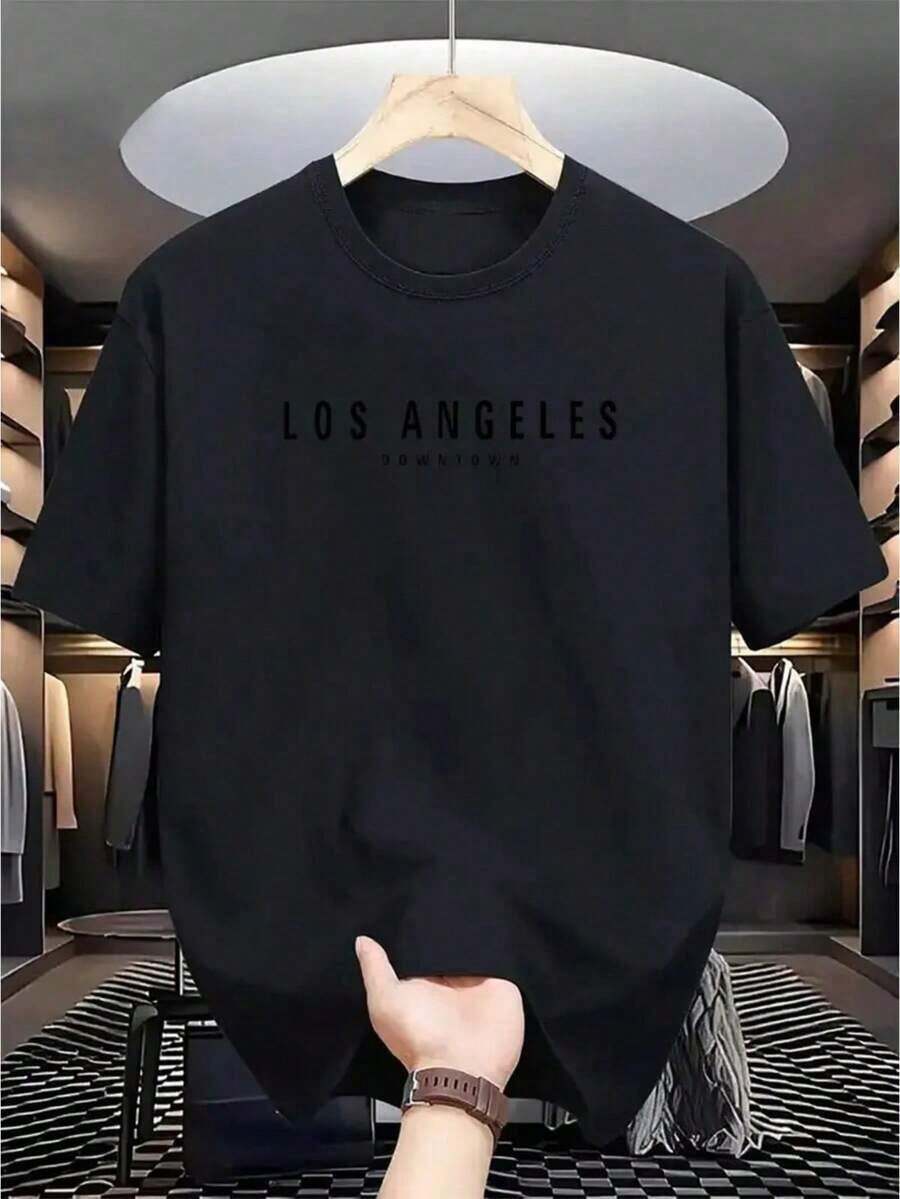 Camiseta de Manga Corta - Moda Masculina - Oversize - Casual Holgada - 180G -- Blusas Transpirables de Los Ángeles que Absorben el Sudor y Son Adecuadas para Lavado a Máquina, un Regalo Perfecto para las Vacaciones o Festivales de un Amigo. - Negro - Ver 1