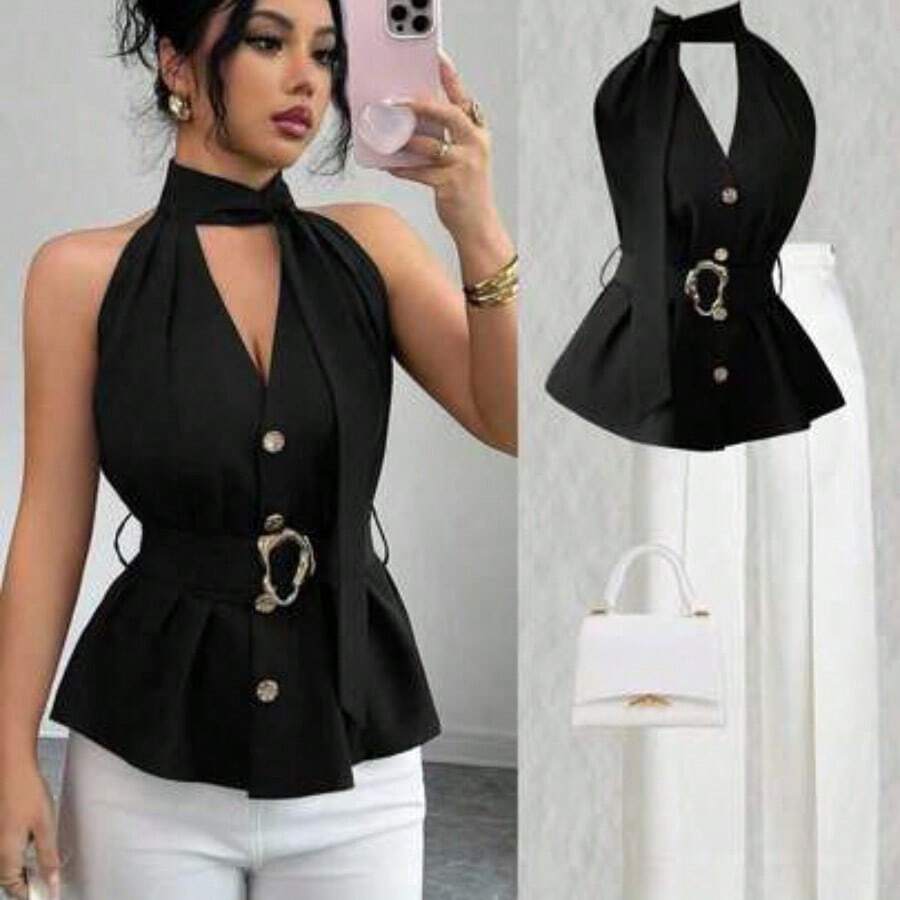 Yunuo Menswear Camiseta de mujer de unicolor con diseño de cuello halter plisado y abotonadura sencilla - Negro - Ver 1