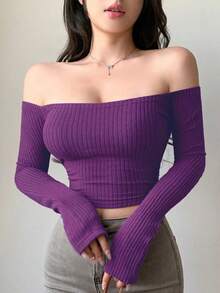 Camiseta ajustada de mujer con hombros descubiertos, blusas de mujer de manga larga para otoño - Morado - Ver 1