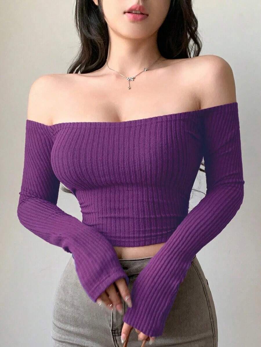 Camiseta ajustada de mujer con hombros descubiertos, blusas de mujer de manga larga para otoño - Morado - Ver 1