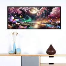 一套DIY钻石画套装 - 梦幻夜景，花朵、蝴蝶和月亮，圆形钻石马赛克艺术品，适合初学者，家居墙面装饰，独特礼物，不含画框 - 無框 - 查看 11