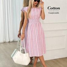 guangzhougaolangshangmao  Vestido casual de mujer de longitud media con cintura ceñida y rayas, para verano - Rosa Pálido - Ver 2