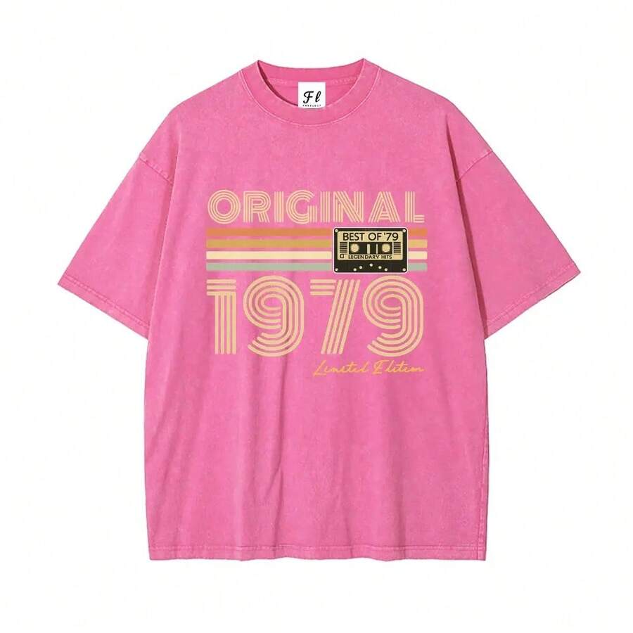 Camiseta Oversize Unisex Lavada para Mujer y Hombre, Estilo Vintage Casual, Cuello Redondo, Manga Corta - rosa intenso - Ver 1