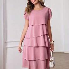 guang zhou mi qian shang mao  Vestido de mujer de unicolor con cuello redondo, mangas cortas con volantes en los puños y dobladillo con volantes, vestido de moda para vacaciones, primavera y verano - Celeste - Ver 8